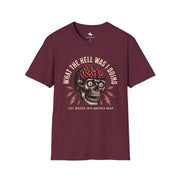 Funny Skull T-Shirt – "What the Hell Was I Doing?" – Unisex Graphic Tee for Gifts, Halloween, Everyday Wear, Casual Style