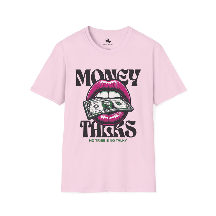 Money Talks Unisex Softstyle T-Shirt, Trendy Graphic Tee, Gift for Her, Stylish Casual Wear, Streetwear Fashion, Birthday Gift Purple Lipstick
