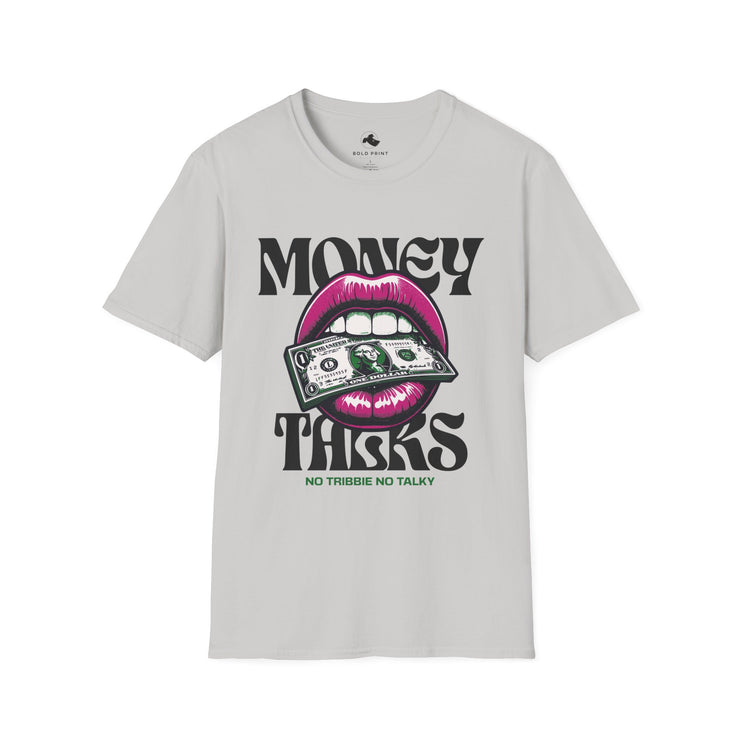 Money Talks Unisex Softstyle T-Shirt, Trendy Graphic Tee, Gift for Her, Stylish Casual Wear, Streetwear Fashion, Birthday Gift Purple Lipstick