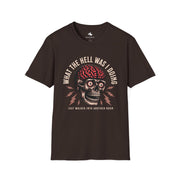 Funny Skull T-Shirt – "What the Hell Was I Doing?" – Unisex Graphic Tee for Gifts, Halloween, Everyday Wear, Casual Style