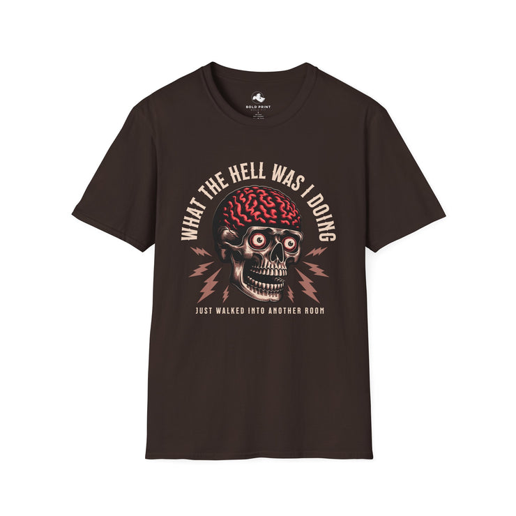 Funny Skull T-Shirt – "What the Hell Was I Doing?" – Unisex Graphic Tee for Gifts, Halloween, Everyday Wear, Casual Style