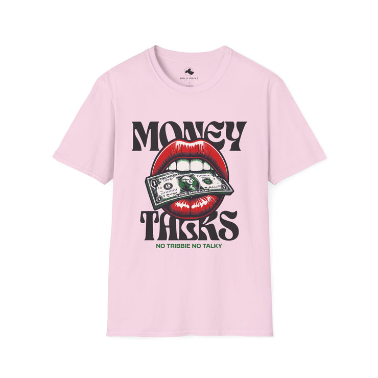 Money Talks Unisex Softstyle T-Shirt, Trendy Graphic Tee, Gift for Her, Stylish Casual Wear, Streetwear Fashion, Birthday Gift Red Lipstick