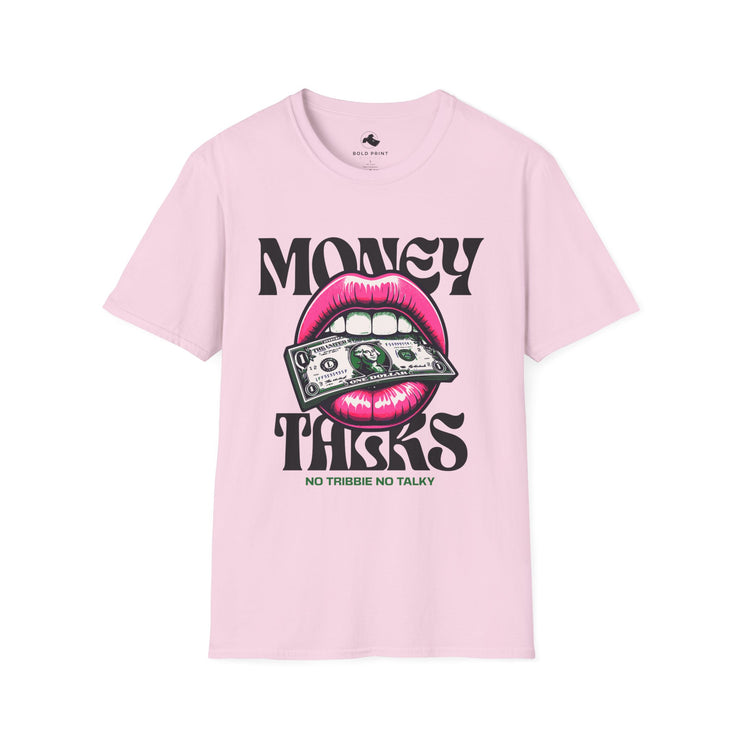Money Talks Unisex Softstyle T-Shirt, Trendy Graphic Tee, Gift for Her, Stylish Casual Wear, Streetwear Fashion, Birthday Gift Pink Lipstick