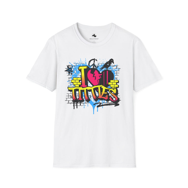 Urban Love Graffiti T-Shirt - Casual Streetwear for Art Lovers, Graphic Tee for Festivals, Gift for Friends, Unisex Softstyle Tee