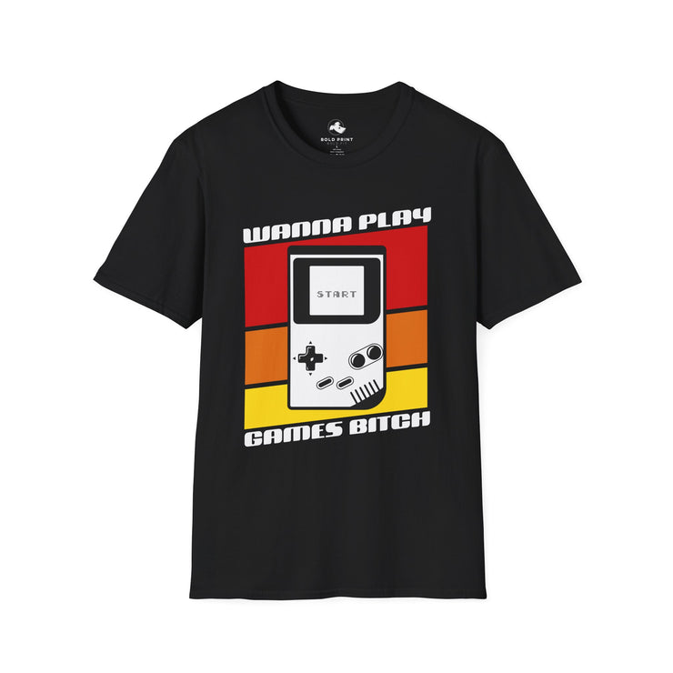 Retro Gamer T-Shirt | Wanna Play Games Bitch | Unisex Softstyle Tee | Perfect for Gamers, Birthdays, Retro Parties, or Casual Wear