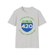 Highway 420 Unisex Softstyle T-Shirt | Adventure Shirt for Road Trips, Travel Lover Gift, Casual Wear, Eco-Friendly Tee, Fun Graphic Tee