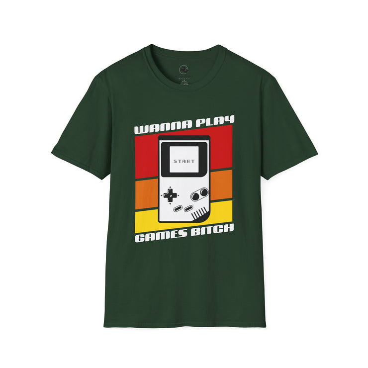 Retro Gamer T-Shirt | Wanna Play Games Bitch | Unisex Softstyle Tee | Perfect for Gamers, Birthdays, Retro Parties, or Casual Wear
