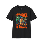 Playful 'My Wiener is Magic' Unisex Softstyle T-Shirt, Fun Gift for Dog Lovers, Quirky Shirt for Parties, Casual Wear, Summer Style