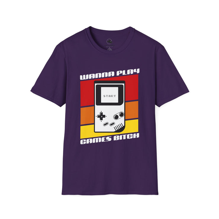Retro Gamer T-Shirt | Wanna Play Games Bitch | Unisex Softstyle Tee | Perfect for Gamers, Birthdays, Retro Parties, or Casual Wear
