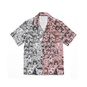 Men's Anime Print Hawaiian Camp Shirt, Cute Summer Shirt, Beachwear, Vacation Outfit, Boho Style Apparel, Trendy Summer Fashion
