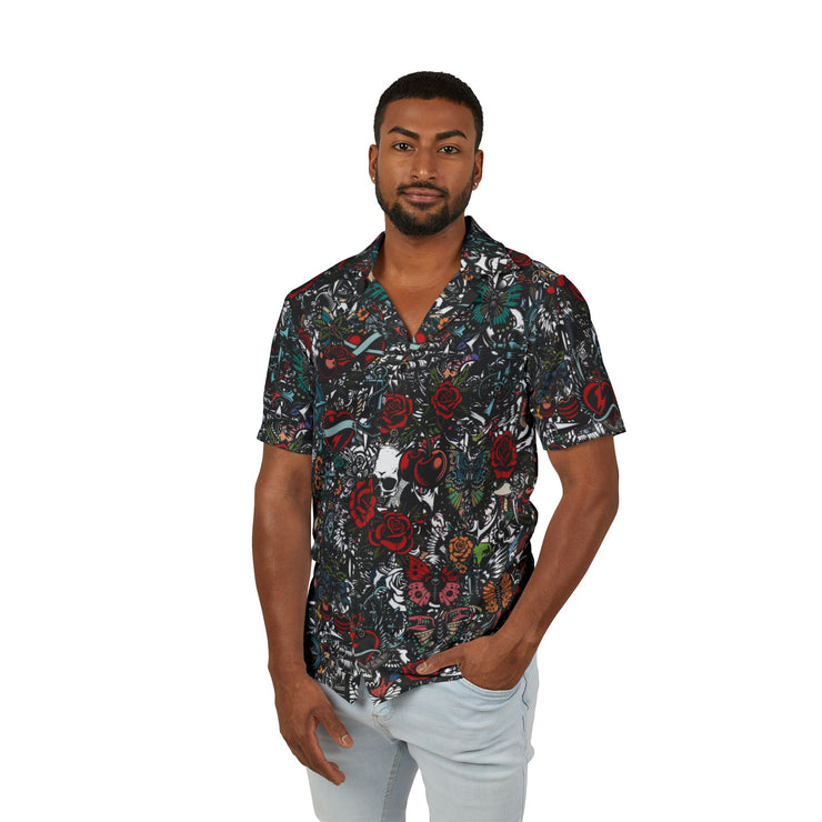 Vibrant Men's Tattoo Camp Shirt, Beach Party Top, Summer Style Shirt, Casual Wear for Fun Events
