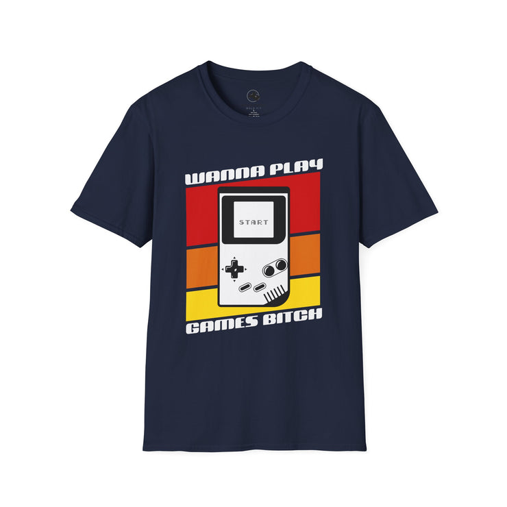 Retro Gamer T-Shirt | Wanna Play Games Bitch | Unisex Softstyle Tee | Perfect for Gamers, Birthdays, Retro Parties, or Casual Wear