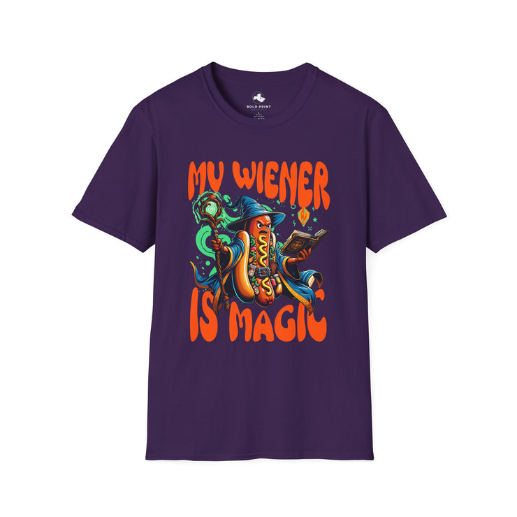 Playful 'My Wiener is Magic' Unisex Softstyle T-Shirt, Fun Gift for Dog Lovers, Quirky Shirt for Parties, Casual Wear, Summer Style