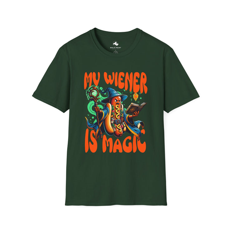 Playful 'My Wiener is Magic' Unisex Softstyle T-Shirt, Fun Gift for Dog Lovers, Quirky Shirt for Parties, Casual Wear, Summer Style