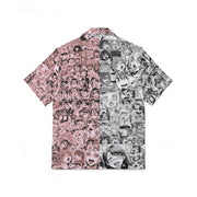 Men's Anime Print Hawaiian Camp Shirt, Cute Summer Shirt, Beachwear, Vacation Outfit, Boho Style Apparel, Trendy Summer Fashion