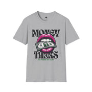 Money Talks Unisex Softstyle T-Shirt, Trendy Graphic Tee, Gift for Her, Stylish Casual Wear, Streetwear Fashion, Birthday Gift Purple Lipstick