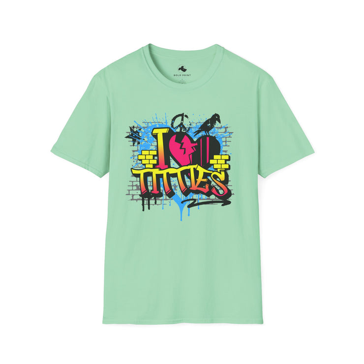 Urban Love Graffiti T-Shirt - Casual Streetwear for Art Lovers, Graphic Tee for Festivals, Gift for Friends, Unisex Softstyle Tee