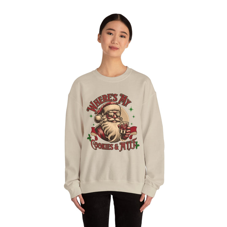 Christmas Sweatshirt — 'Where's My Cookies & Milf' Santa Holiday Crewneck - Bold PrintChristmas Sweatshirt — 'Where's My Cookies & Milf' Santa Holiday CrewneckSweatshirtChristmas Sweatshirt — 'Where's My Cookies & Milf' Santa Holiday Crewneck