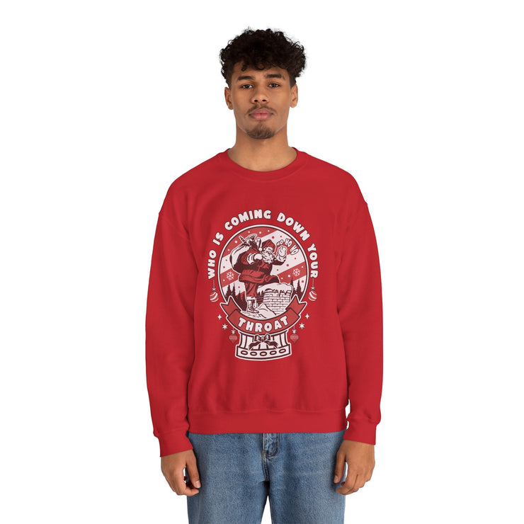 Crewneck Sweatshirt — "Who Is Coming Down Your Throat" Retro Santa Horror Graphic - Bold PrintCrewneck Sweatshirt — "Who Is Coming Down Your Throat" Retro Santa Horror GraphicSweatshirtCrewneck Sweatshirt — "Who Is Coming Down Your Throat" Retro Santa Horror Graphic