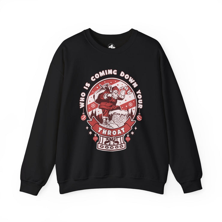 Crewneck Sweatshirt — "Who Is Coming Down Your Throat" Retro Santa Horror Graphic - Bold PrintCrewneck Sweatshirt — "Who Is Coming Down Your Throat" Retro Santa Horror GraphicSweatshirtCrewneck Sweatshirt — "Who Is Coming Down Your Throat" Retro Santa Horror Graphic