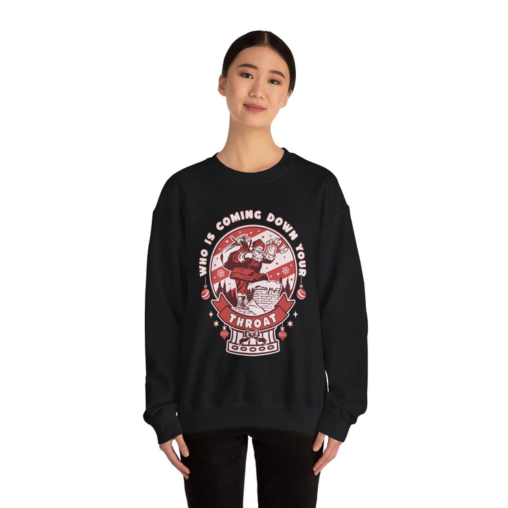 Crewneck Sweatshirt — "Who Is Coming Down Your Throat" Retro Santa Horror Graphic - Bold PrintCrewneck Sweatshirt — "Who Is Coming Down Your Throat" Retro Santa Horror GraphicSweatshirtCrewneck Sweatshirt — "Who Is Coming Down Your Throat" Retro Santa Horror Graphic