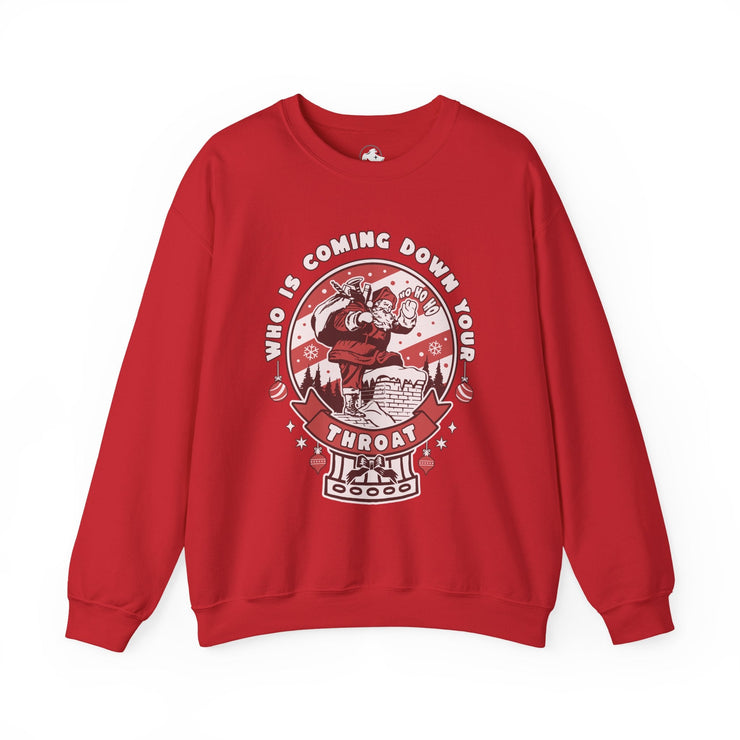 Crewneck Sweatshirt — "Who Is Coming Down Your Throat" Retro Santa Horror Graphic - Bold PrintCrewneck Sweatshirt — "Who Is Coming Down Your Throat" Retro Santa Horror GraphicSweatshirtCrewneck Sweatshirt — "Who Is Coming Down Your Throat" Retro Santa Horror Graphic