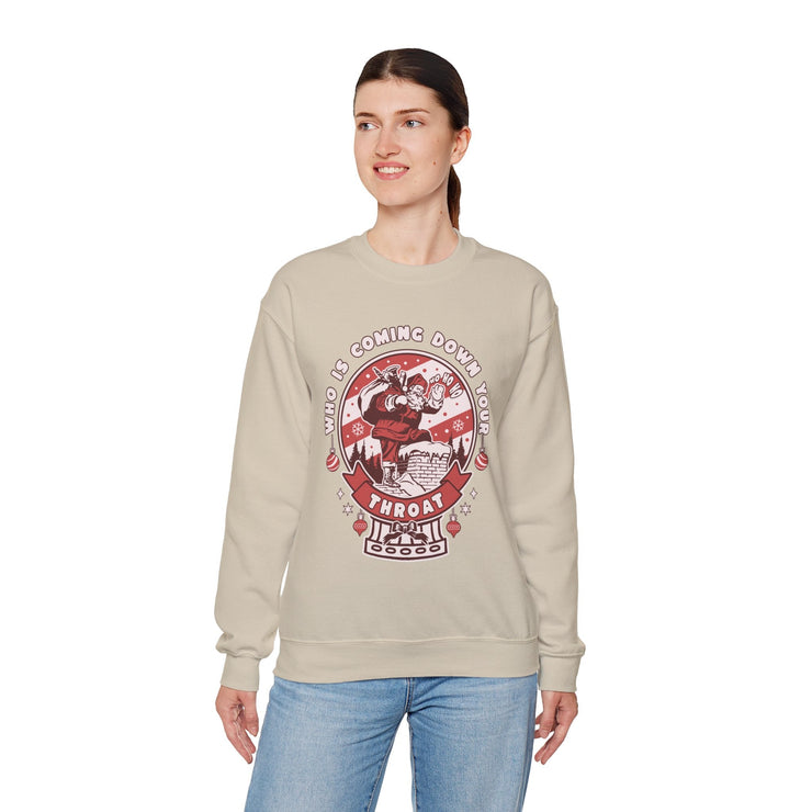 Crewneck Sweatshirt — "Who Is Coming Down Your Throat" Retro Santa Horror Graphic - Bold PrintCrewneck Sweatshirt — "Who Is Coming Down Your Throat" Retro Santa Horror GraphicSweatshirtCrewneck Sweatshirt — "Who Is Coming Down Your Throat" Retro Santa Horror Graphic