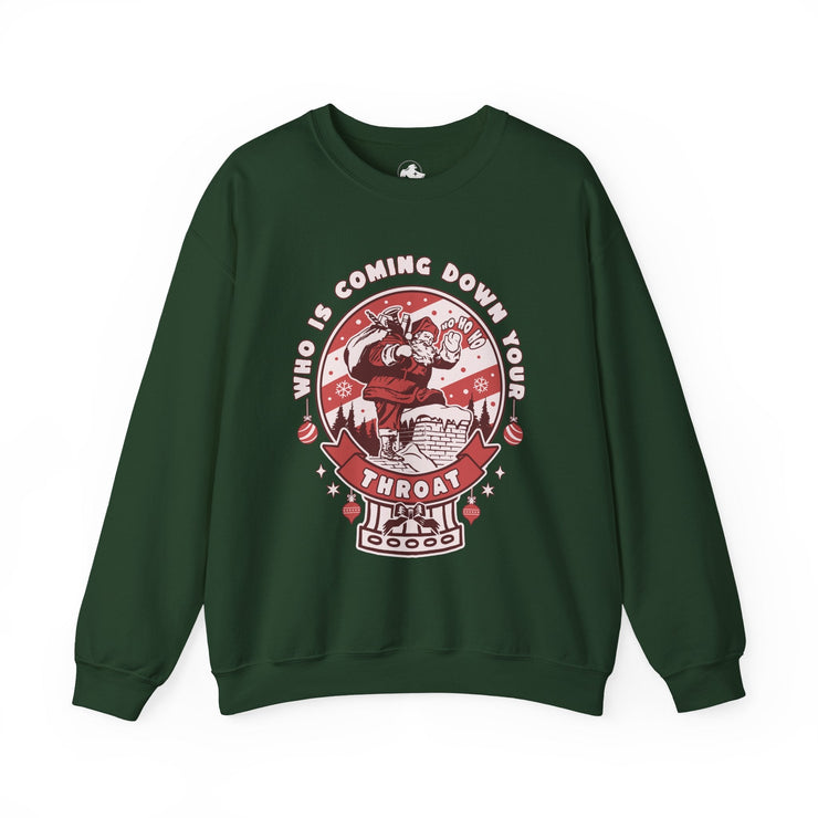 Crewneck Sweatshirt — "Who Is Coming Down Your Throat" Retro Santa Horror Graphic - Bold PrintCrewneck Sweatshirt — "Who Is Coming Down Your Throat" Retro Santa Horror GraphicSweatshirtCrewneck Sweatshirt — "Who Is Coming Down Your Throat" Retro Santa Horror Graphic